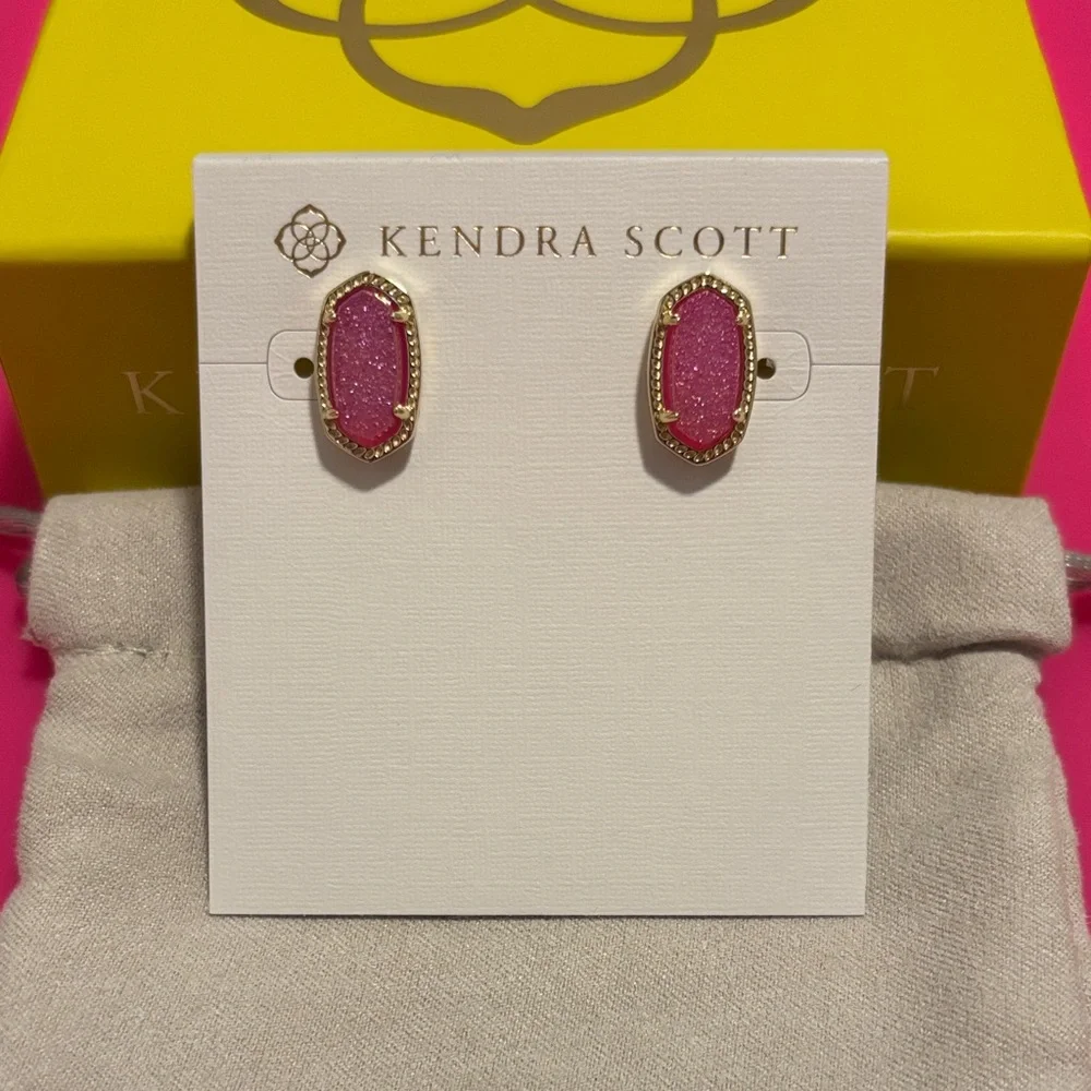 ✨1HR SALE✨ NWT Kendra Scott Ellie Earrings Hot Pink Drusy Gold - Picture 2 of 6
